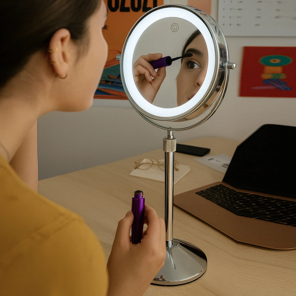ESPEJO DE MAQUILLAJE GIRATORIO CON LUZ LED