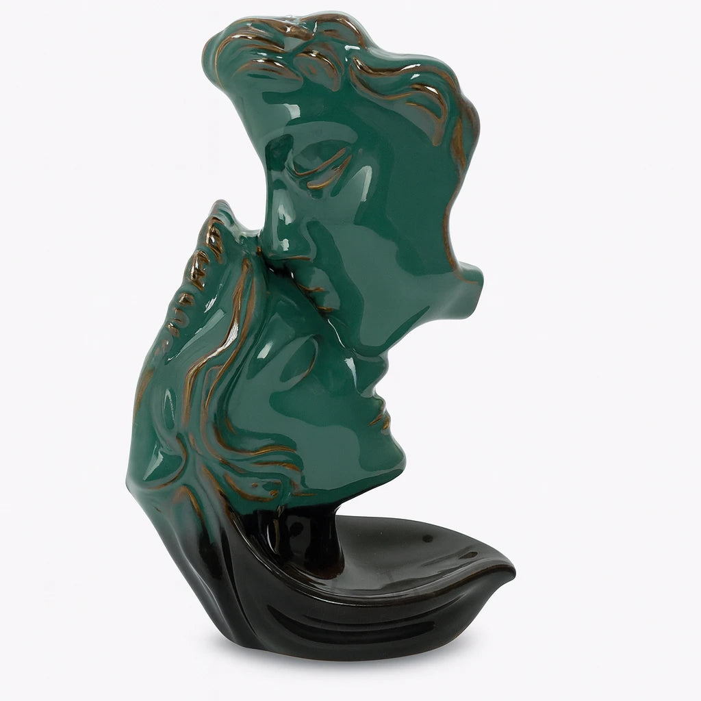 Porta Incienso Escultura de Rostros – Cerámica Verde Jade y Negro
