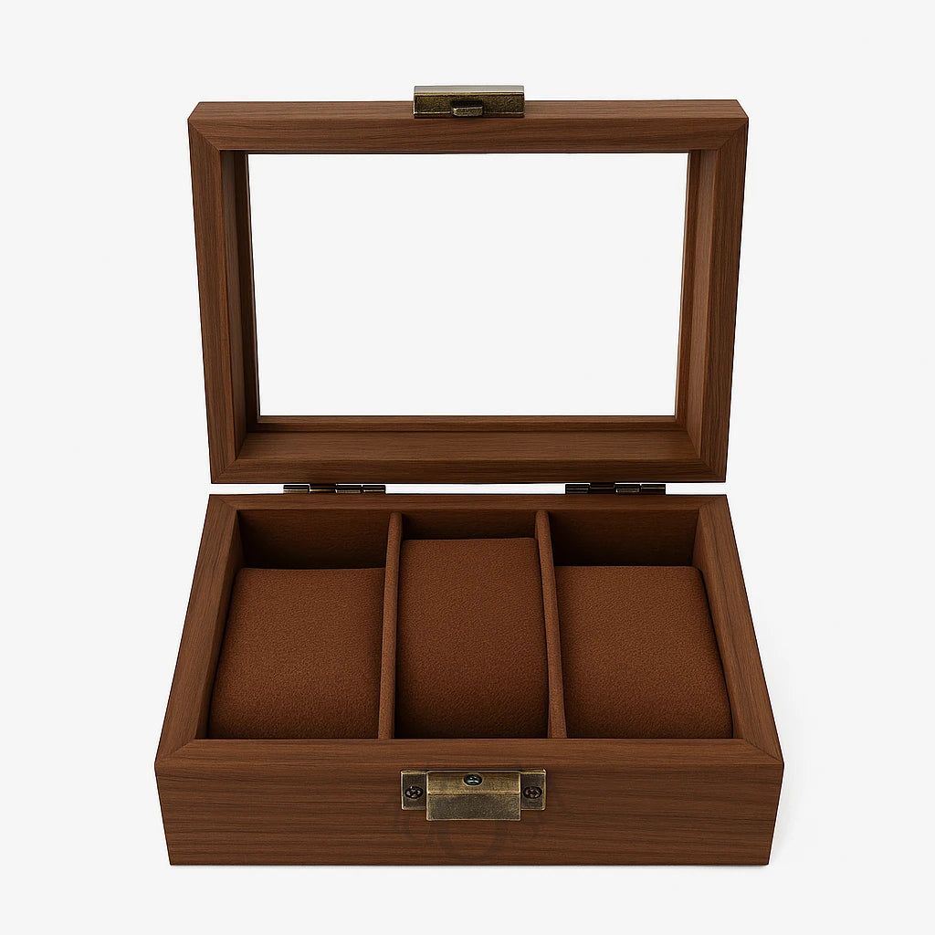 Organizador de Relojes de Madera con Tapa de Vidrio – 3 Compartimentos Elegantes