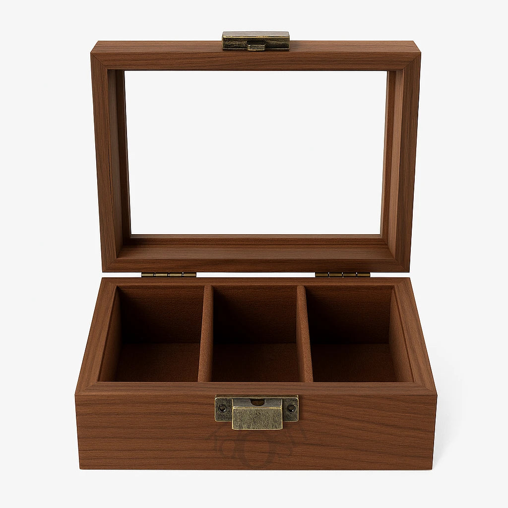 Organizador de Relojes de Madera con Tapa de Vidrio – 3 Compartimentos Elegantes