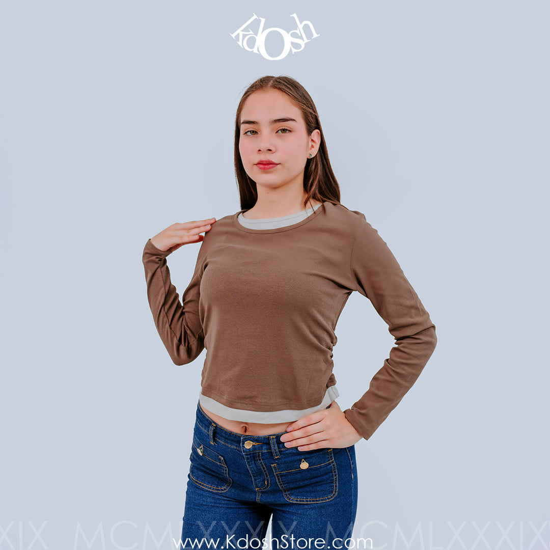 Polo Casual Manga Larga con Diseño Bicolor