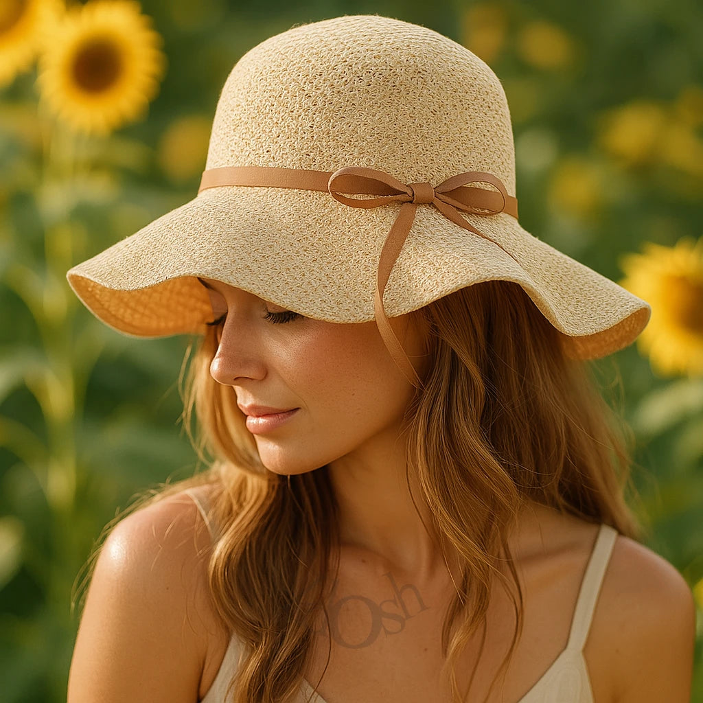 Sombrero Tejido de Ala Ancha con Lazo – Elegancia Natural para Días Soleados
