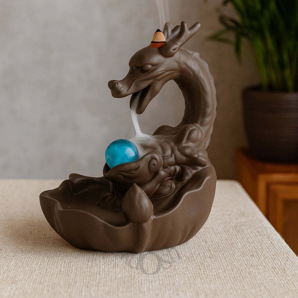 Porta Incienso Dragón con Esfera Azul – Cascada de Humo Mística 🐉