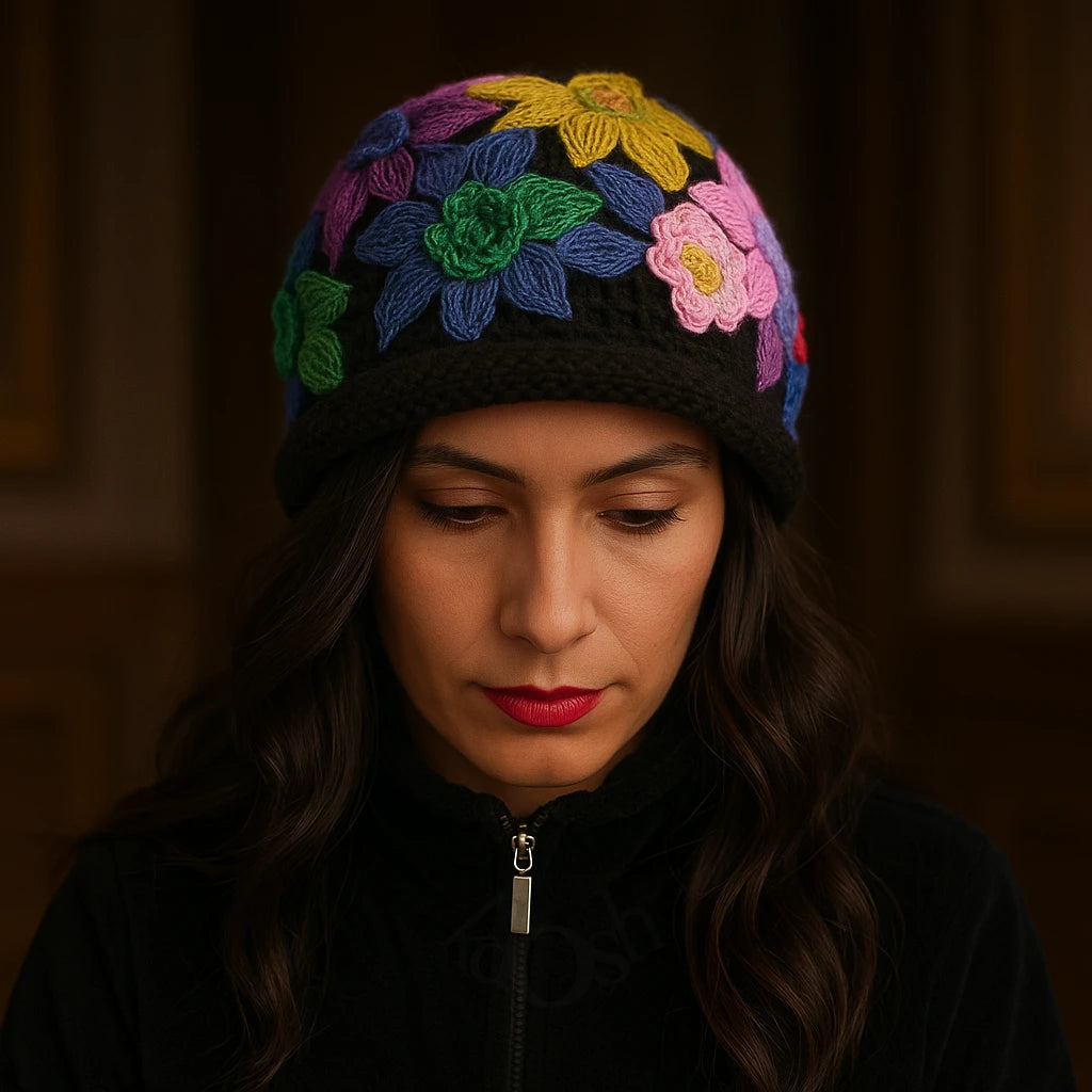 Gorro de Punto con Flores 3D – Estilo Artesanal y Colorido