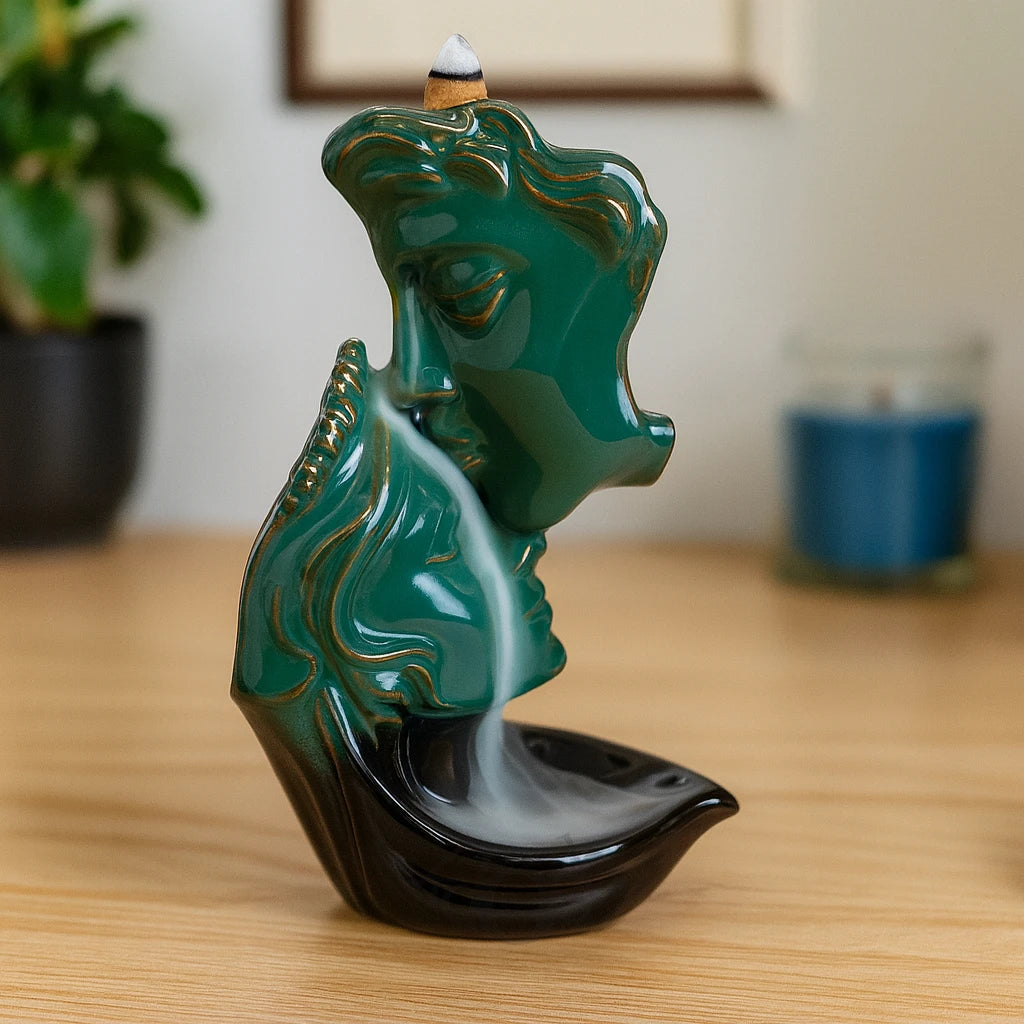 Porta Incienso Escultura de Rostros – Cerámica Verde Jade y Negro