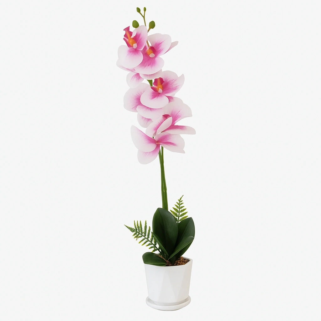 Orquídea Decorativa Artificial con Maceta Blanca y Grava Natural