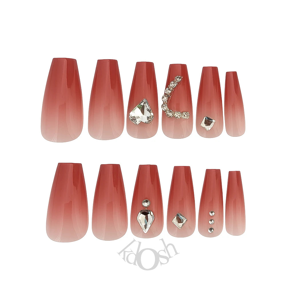 Uñas Postizas de Gel a Presión con Brillo y Diamantes – Set de 12 Piezas