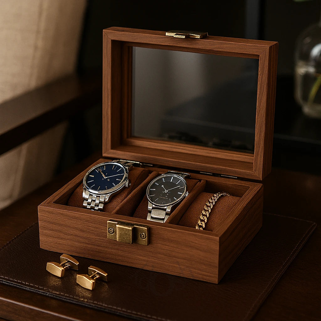 Organizador de Relojes de Madera con Tapa de Vidrio – 3 Compartimentos Elegantes
