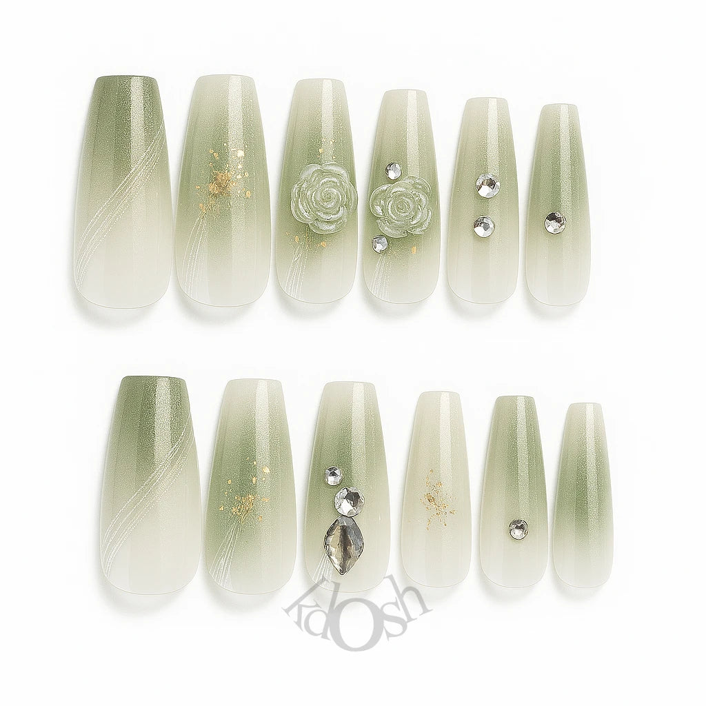 Uñas Postizas de Gel a Presión con Brillo y Diamantes – Set de 12 Piezas