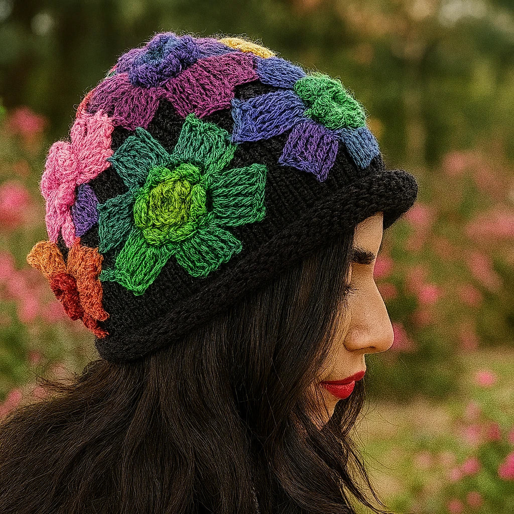 Gorro de Punto con Flores 3D – Estilo Artesanal y Colorido