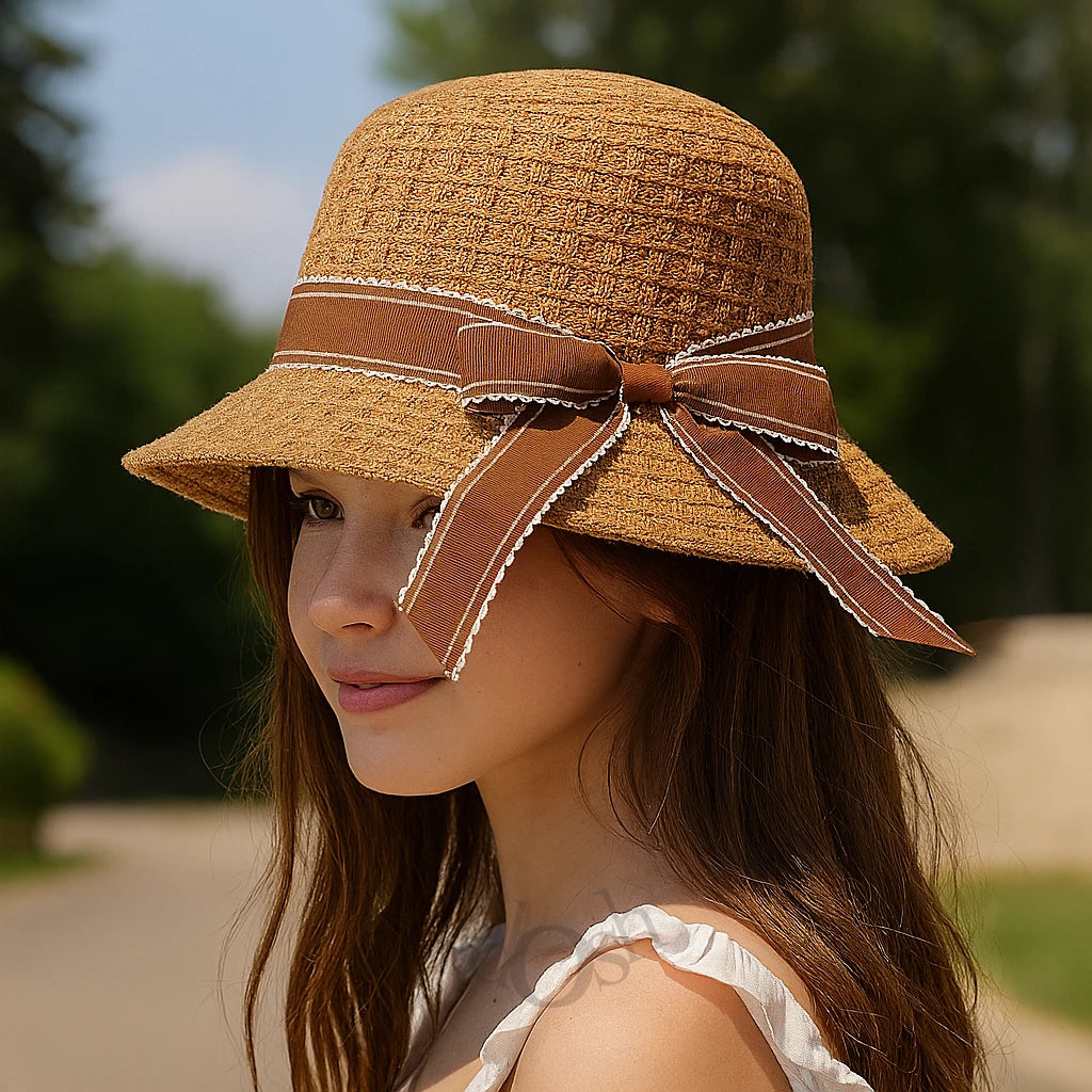 Sombrero Tejido con Lazo de Tela Suave – Estilo Clásico y Romántico