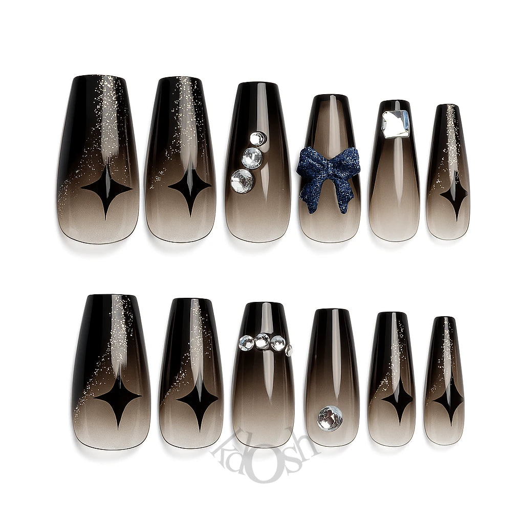 Uñas Postizas de Gel a Presión con Brillo y Diamantes – Set de 12 Piezas