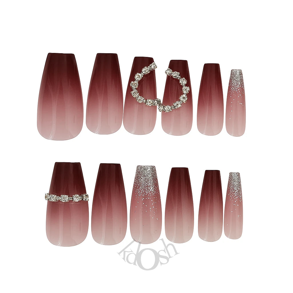 Uñas Postizas de Gel a Presión con Brillo y Diamantes – Set de 12 Piezas