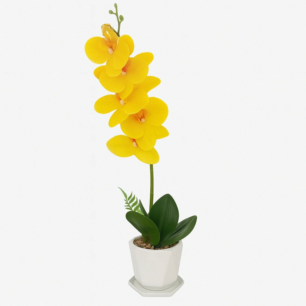 Orquídea Decorativa Artificial con Maceta Blanca y Grava Natural