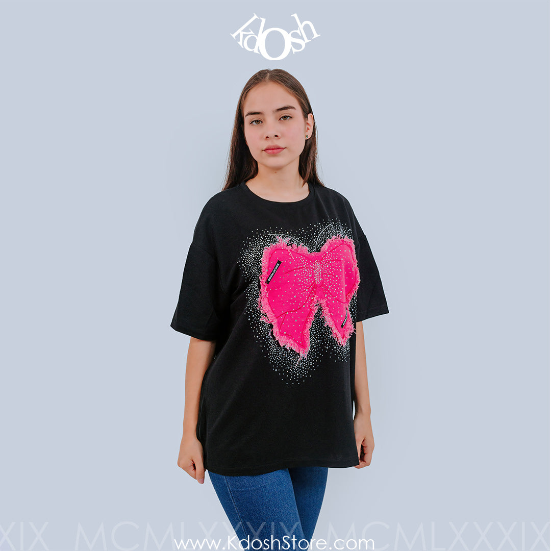 Polo Oversize "Pink Bow Sparkle" - Estilo Urbano con Toque Glam