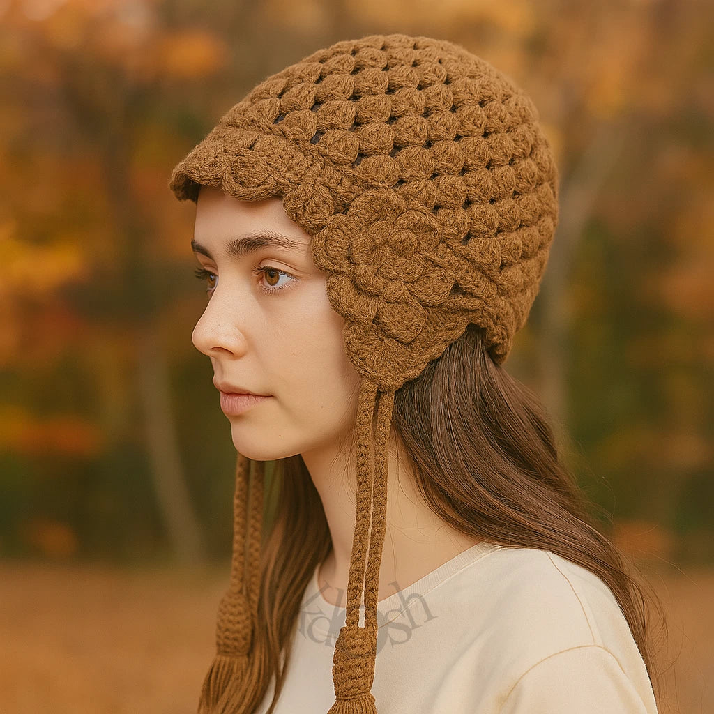 GORRO DE PUNTO CON FLORES Y POMPONES