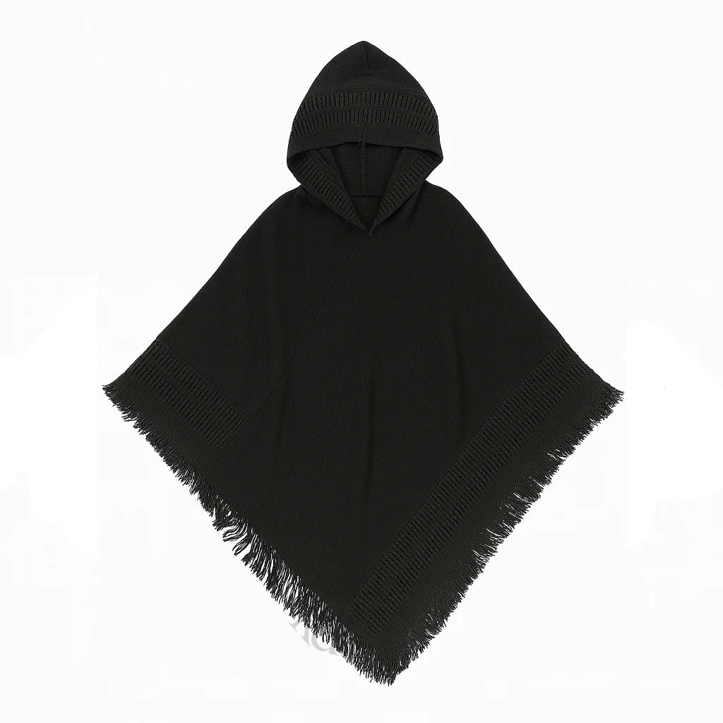 PONCHO DE PUNTO CON CAPUCHA Y FLECOS – ESTILO BOHEMIO Y CONFORT 🧥