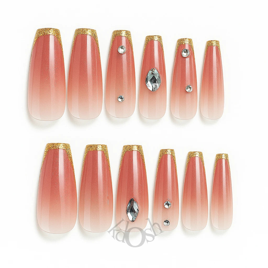 Uñas Postizas de Gel a Presión con Brillo y Diamantes – Set de 12 Piezas