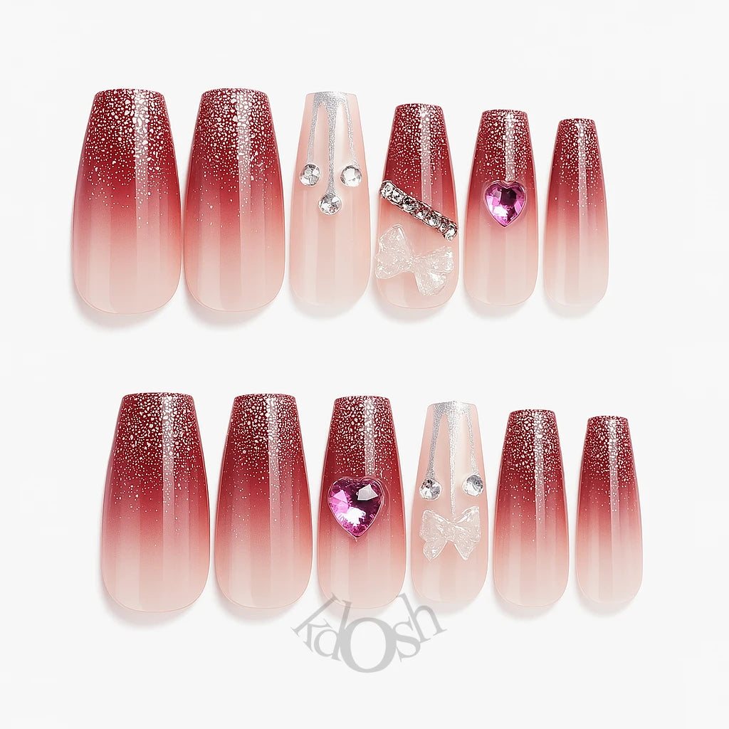 Uñas Postizas de Gel a Presión con Brillo y Diamantes – Set de 12 Piezas