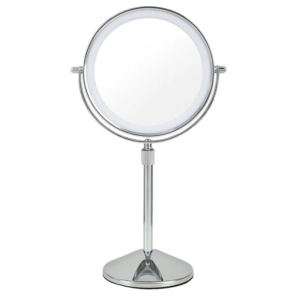 ESPEJO DE MAQUILLAJE GIRATORIO DOBLE CARA CON AUMENTO 5X, CON LUZ LED, REACRGABLE, CABLE USB-C INCLUIDO