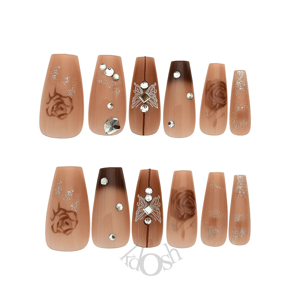 Uñas Postizas de Gel a Presión con Brillo y Diamantes – Set de 12 Piezas