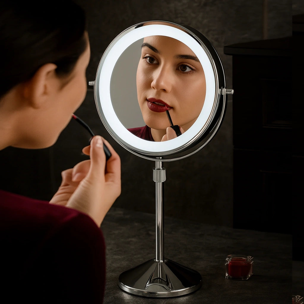 ESPEJO DE MAQUILLAJE GIRATORIO DOBLE CARA CON AUMENTO 5X, CON LUZ LED, REACRGABLE, CABLE USB-C INCLUIDO