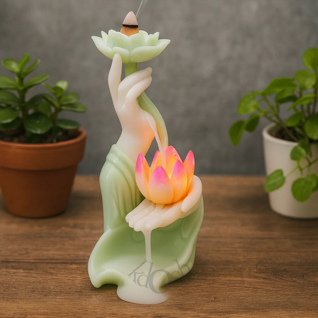 Porta Incienso Zen con Flor de Loto – Cerámica Artística con Cascada de Humo