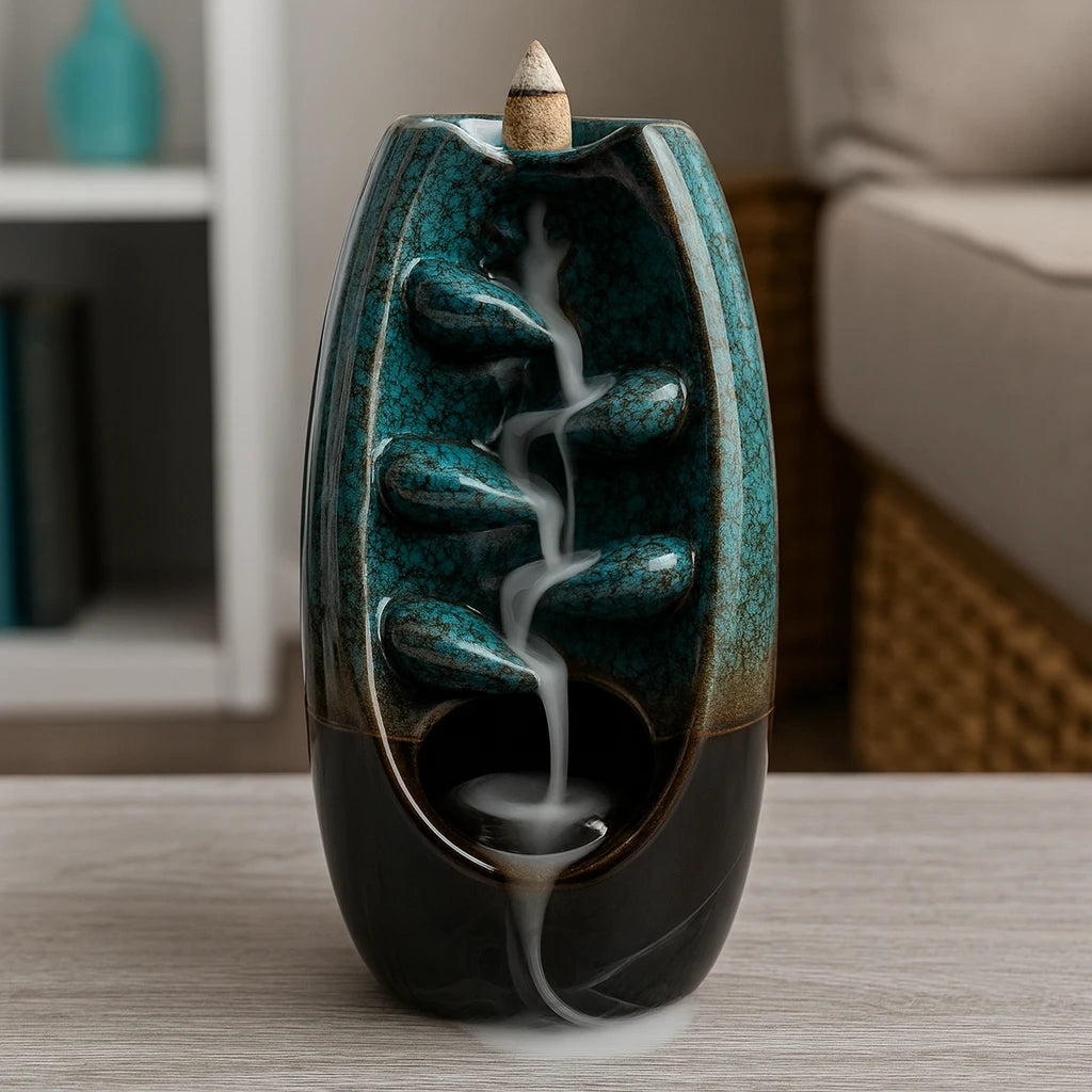 Porta Incienso de Cerámica Cascada Verde Jade – Diseño Craquelado